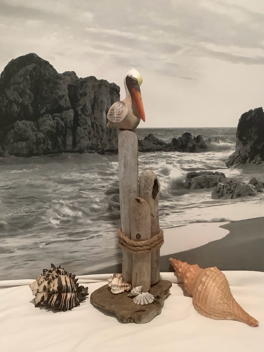 Driftwood Art, Beautiful Carved Wood Pelican, Driftwood Coastal Art